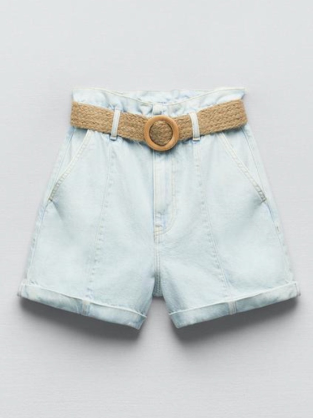 Zara light blue high rise belted baggy denim short made in Europe NWT